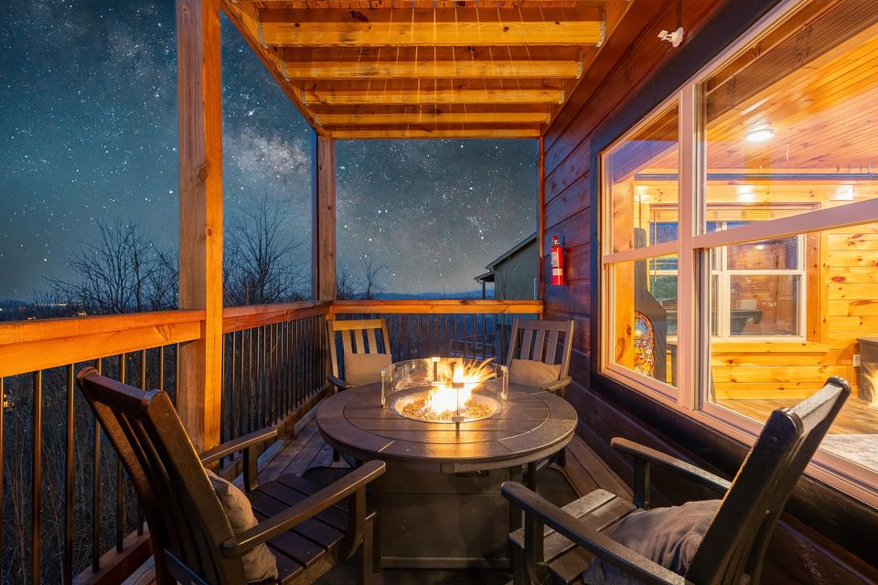 Fire table on the covered deck at night